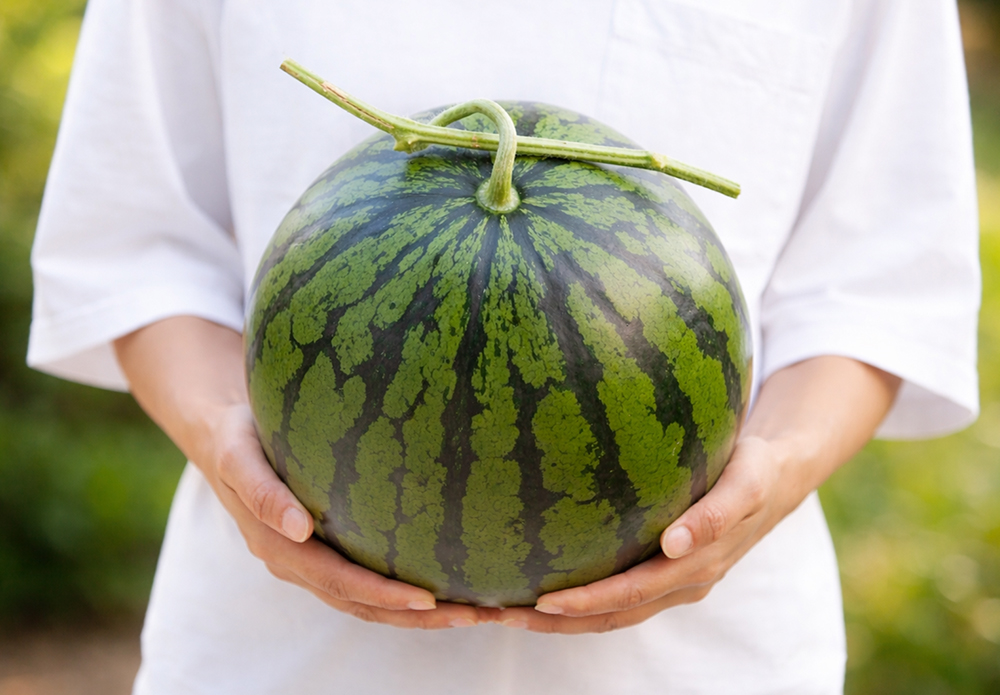 熊本県植木産のスイカを両手で大切に持つ様子。母の日の贈り物に最適な新鮮なすいか
